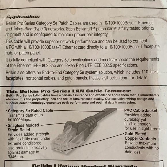 NIP Belkin Category 5e Snagless patch cable. Ethernet/token ring.  7’ 2m. - Picture 3 of 4